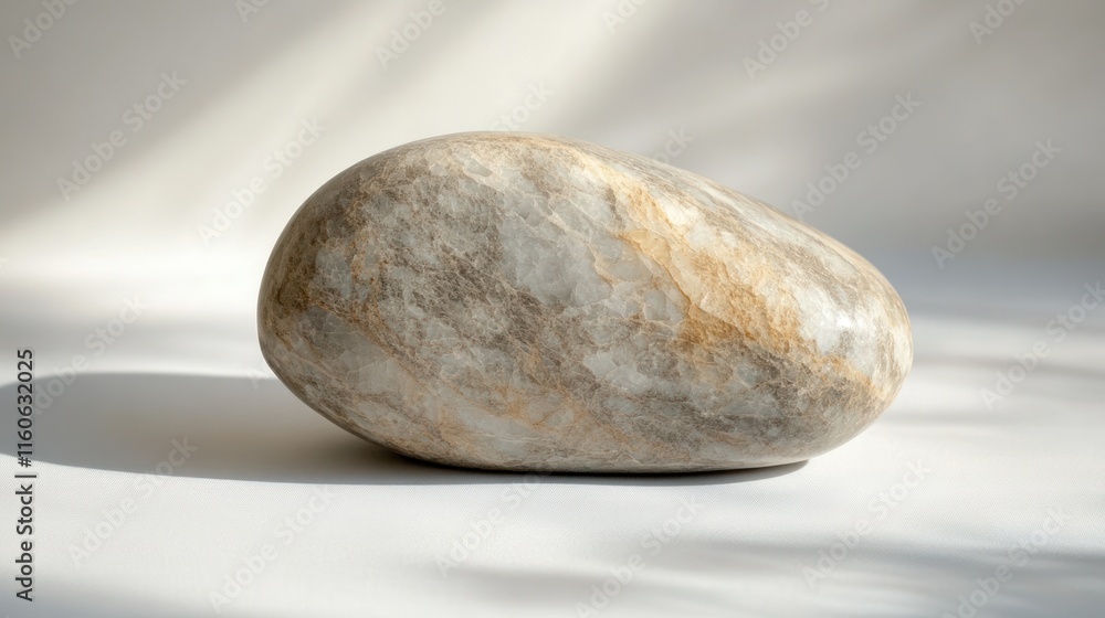 Polished stone with beige and gray marbling on white background. Polished stone with beige and gray marbling on white background.