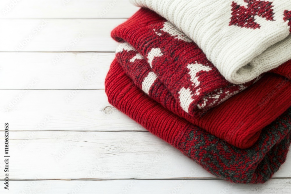 A collection of sweaters in red and white stacked on top of each other, ideal for showcasing fashion or clothing options
