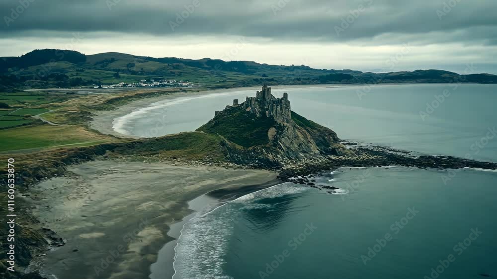 Coastal landscape featuring an ancient castle ruins on a rocky shore against a cloudy sky Coastal landscape featuring an ancient castle ruins on a rocky shore against a cloudy sky