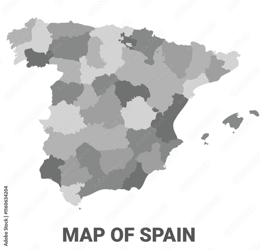 Spain Greyscale political map simple flat illustration Spain Greyscale political map simple flat illustration