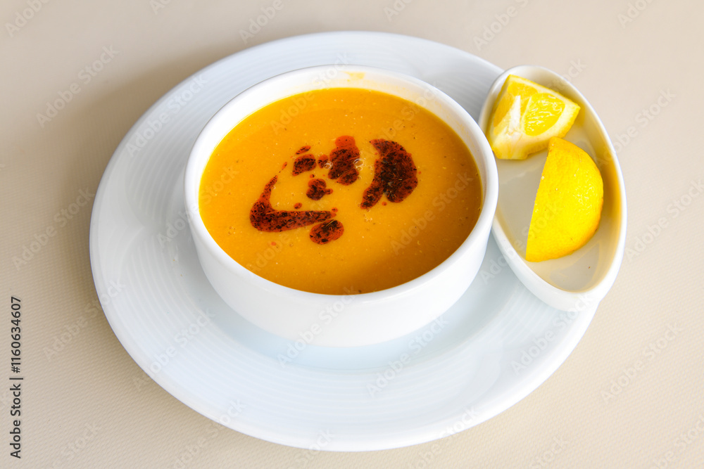 Turkish Ezo Gelin soup, Traditional Turkish Soup. Geleneksel Ezogelin corbasi. Ezogelin Soup Served with a slice of lemon. Top view Turkish Ezo Gelin soup, Traditional Turkish Soup. Geleneksel Ezogelin corbasi. Ezogelin Soup Served with a slice of lemon. Top view