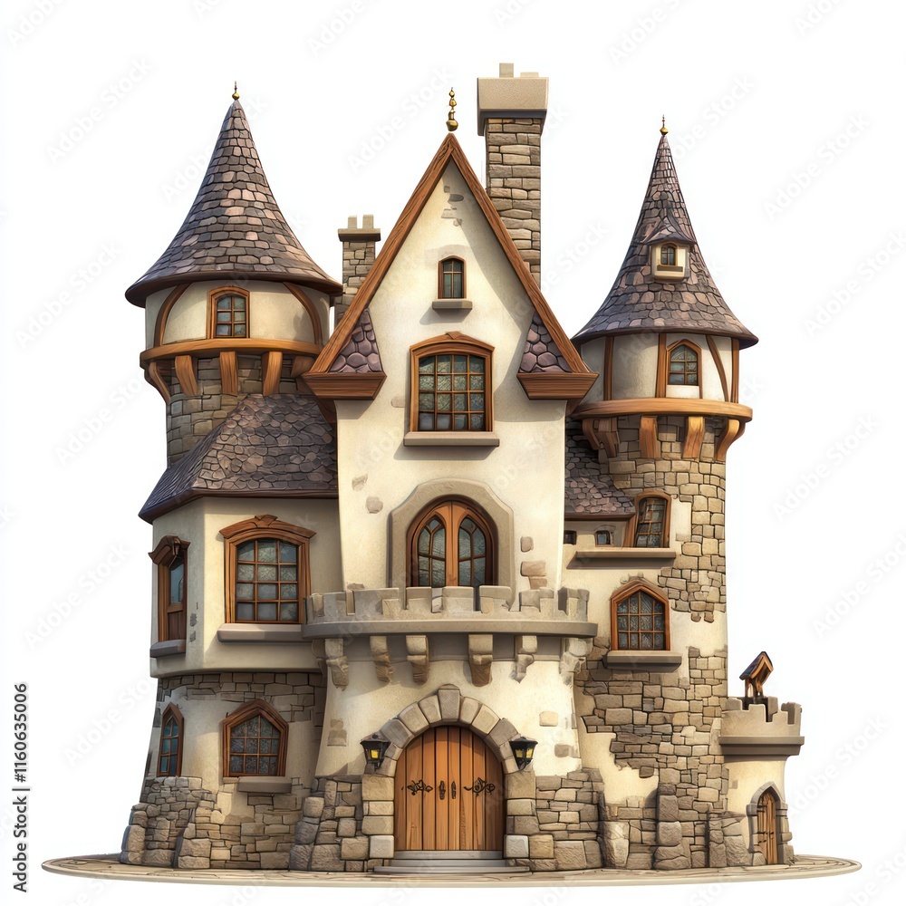 Castle-like house with turrets. vector style art 3d illustration Isolated on White Background Castle-like house with turrets. vector style art 3d illustration Isolated on White Background