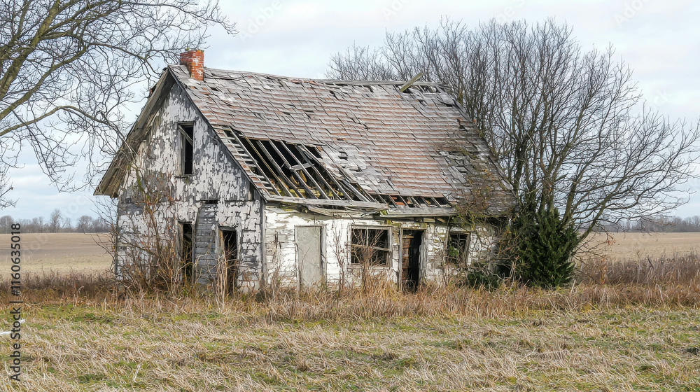 Abandoned farmhouse collapsing in an empty field with wooden beams exposed Abandoned farmhouse collapsing in an empty field with wooden beams exposed