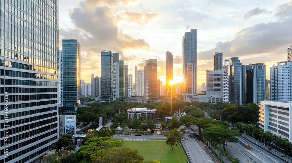 Fototapeta premium Urban skyline with sun setting behind modern skyscrapers and green park.