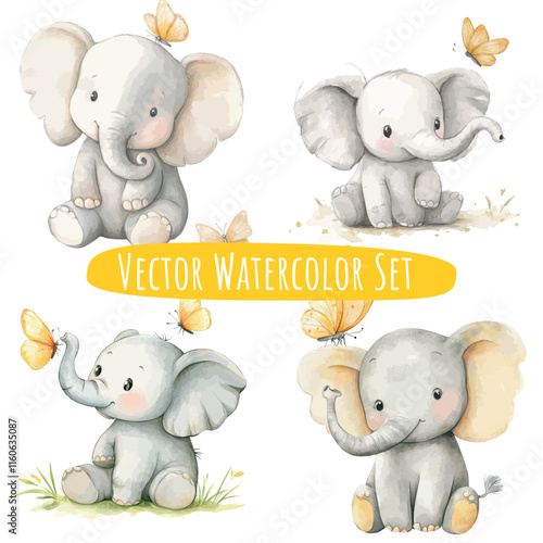 Wallpaper Mural Watercolor Baby Elephants with Butterflies   Vector Set Torontodigital.ca