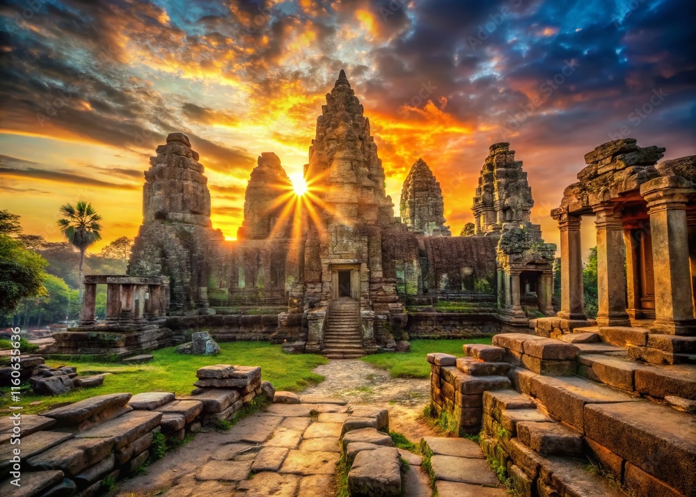 Naklejka premium Angkor Thom Bayon Temple Ruins - Sunrise Majesty