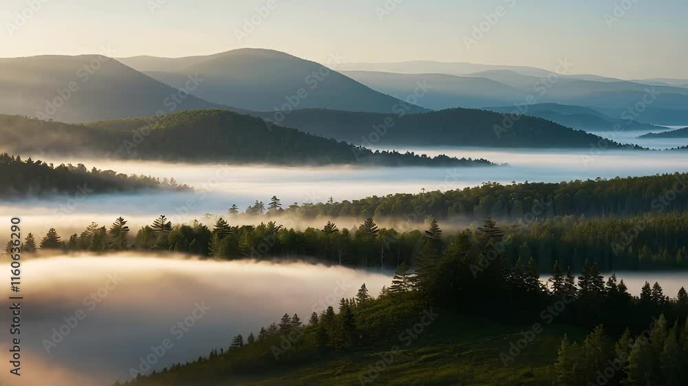 Scenic Mountain Landscape with Rolling Hills, Forests, and Morning Mist Creating a Serene Atmosphere
Scenic Mountain Landscape with Rolling Hills, Forests, and Morning Mist Creating a Serene Atmosphere