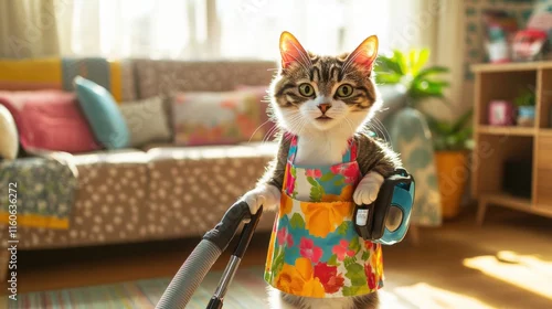 Fototapeta A playful cat wearing a colorful cleaning apron, holding a vacuum cleaner, tidying up a cozy living room, bright sunlight streaming through the window, cheerful atmosphere, whimsical details