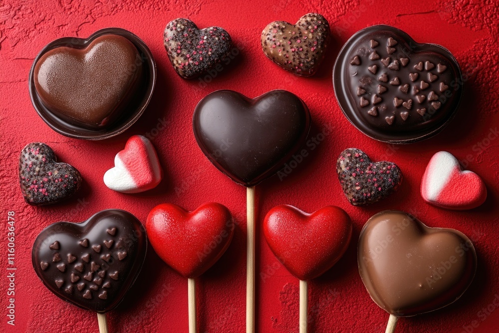Fototapeta premium A variety of colorful chocolates arranged on a bright red surface, perfect for product or food photography