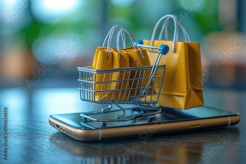 A shopping cart icon sitting on top of a cell phone, perfect for digital commerce and online shopping related content photo