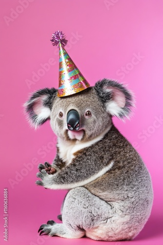 A koala bear wearing a colorful party hat, perfect for adding whimsy to your design photo