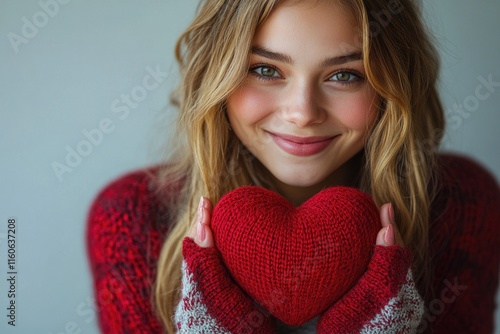 A woman holds a red heart in her hands, symbolizing love and affection