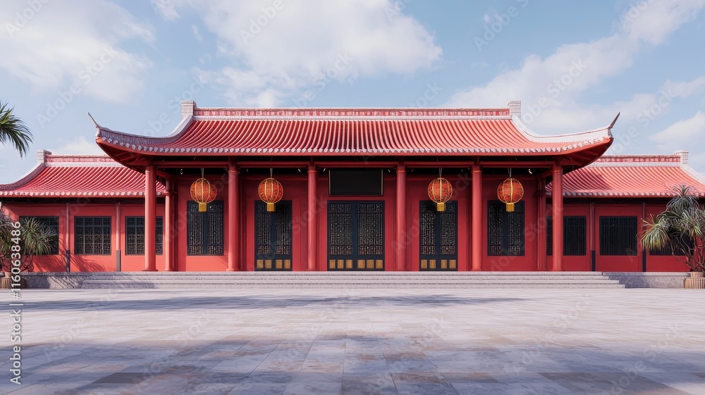 Majestic Red Chinese Temple Asian Architecture Lanterns Courtyard