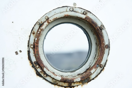 A round window on a white wall with rust, suitable for use in interior design or architecture contexts photo