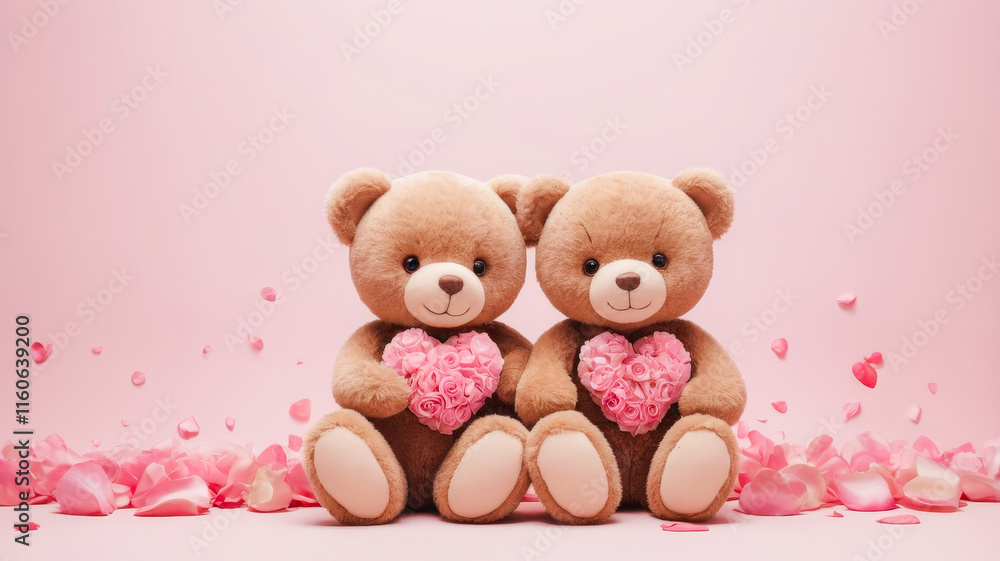 two teddy bears sitting on a pink background two teddy bears sitting on a pink background