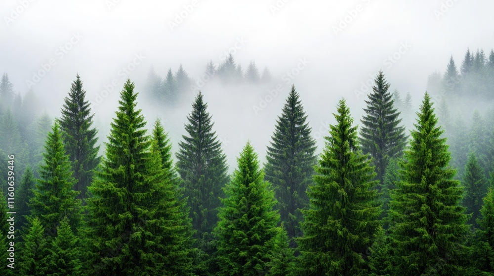 Lush green forest shrouded in mist, creating a serene atmosphere. Lush green forest shrouded in mist, creating a serene atmosphere.