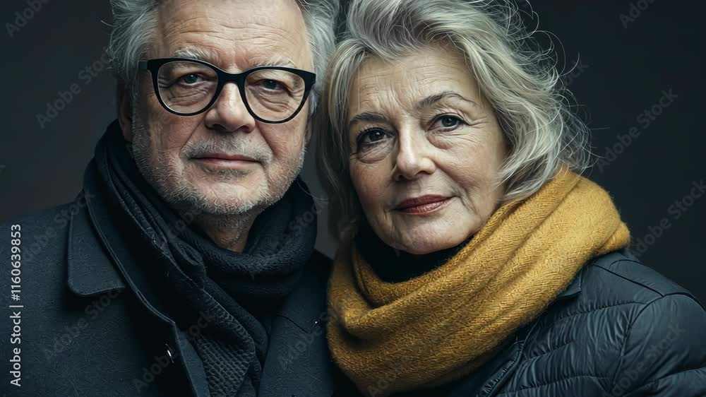 Elderly couple posing together in warm winter attire conveying love and connection in a beautifully lit studio setting Elderly couple posing together in warm winter attire conveying love and connection in a beautifully lit studio setting
