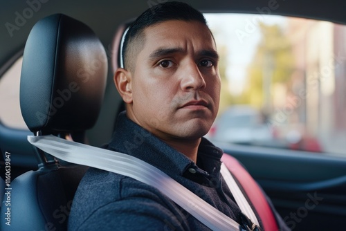 A man sitting in a car wearing a seat belt, ready to drive photo