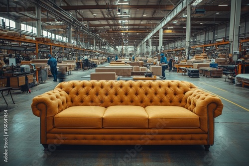 A sprawling furniture factory where workers assemble sofas. Generative AI