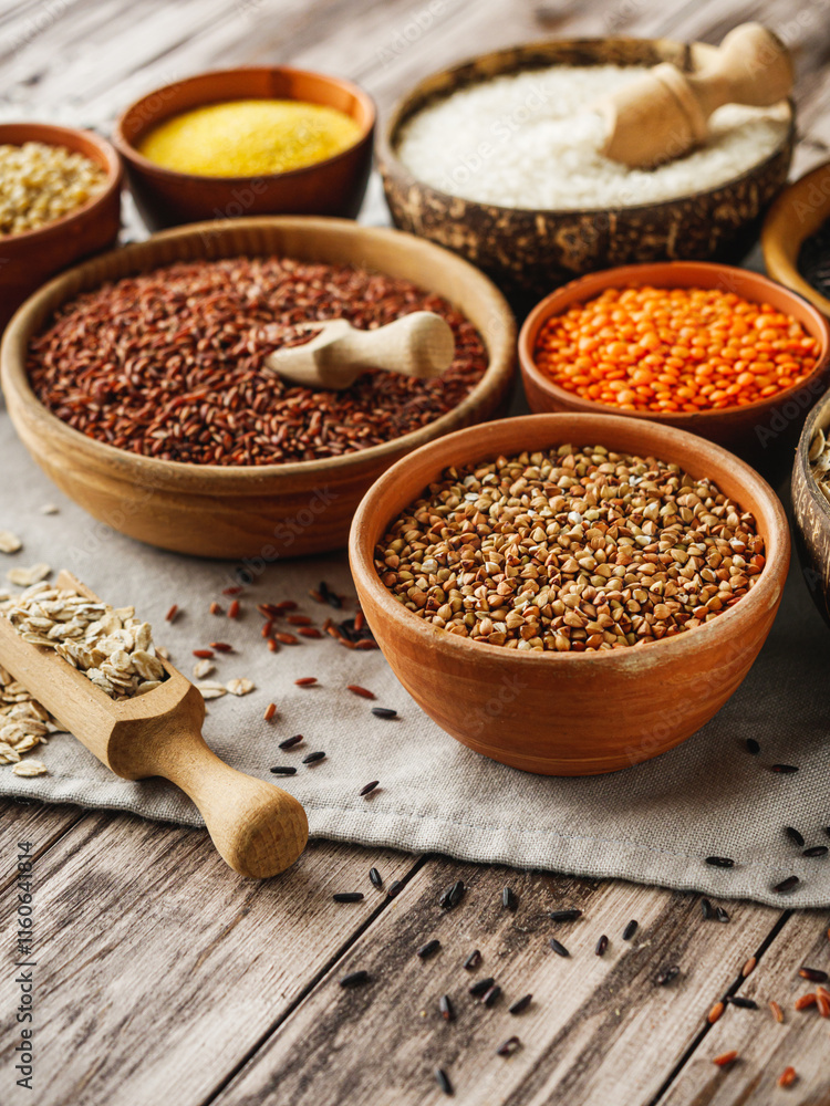 Mixed Grains and Cereals Lentils Rice Buckwheat Oatmeal Organic Healthy Vegan Protein Diet Nutrition Mixed Grains and Cereals Lentils Rice Buckwheat Oatmeal Organic Healthy Vegan Protein Diet Nutrition