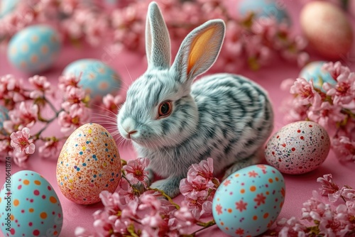 A rabbit surrounded by colorful decorated eggs