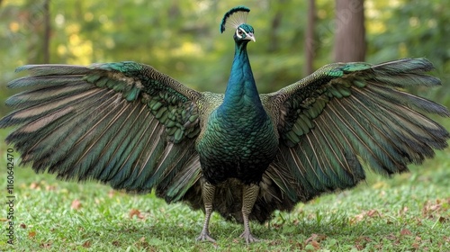Majestic peacock with wings spread wide, showcasing vibrant iridescent plumage in a lush green park setting.