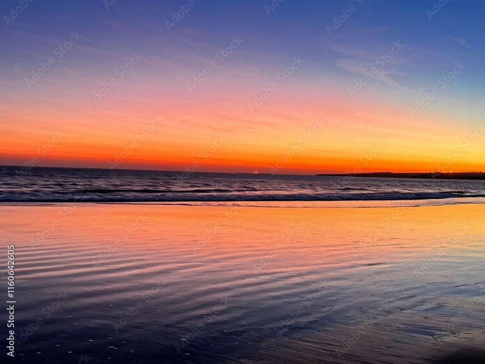 featuring a view of the beach at sunset, with the sky adorned with beautiful color gradations, ranging from dark blue to bright orange. featuring a view of the beach at sunset, with the sky adorned with beautiful color gradations, ranging from dark blue to bright orange.
