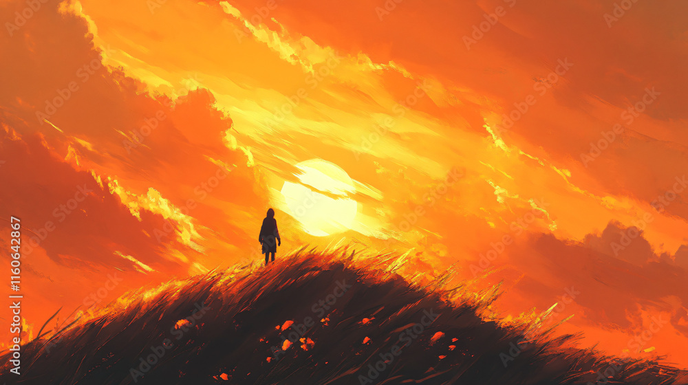 A lone person on a windswept hill, surrounded by orange skies, reflecting on the vast horizon. A lone person on a windswept hill, surrounded by orange skies, reflecting on the vast horizon.