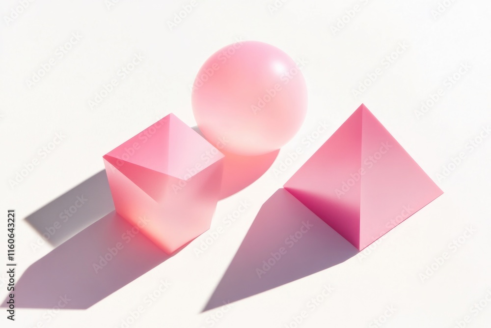 A bright pink ball is placed next to two smaller pink pyramids A bright pink ball is placed next to two smaller pink pyramids