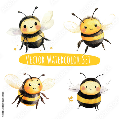Cheerful Watercolor Bees   Vector Illustration Set