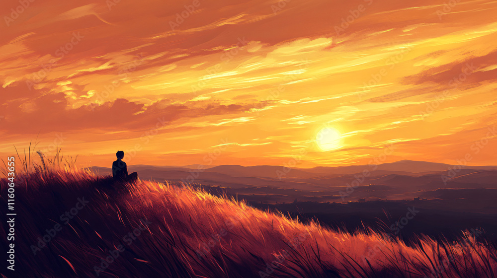 Fototapeta premium A lone person sits at the edge of a hill, lost in thought as the sun sinks below the horizon.