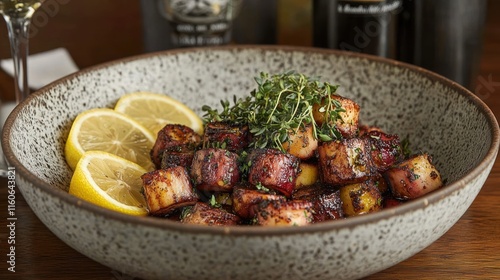 Roasted octopus with lemon and thyme. photo