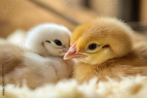 Cute baby chickens rest on a soft white blanket, perfect for nursery or farm-themed projects photo