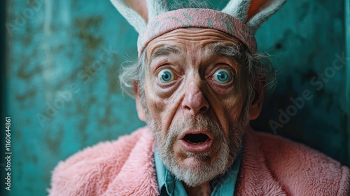 A senior man donning a whimsical bunny ears hat, suitable for quirky events or playful stories photo