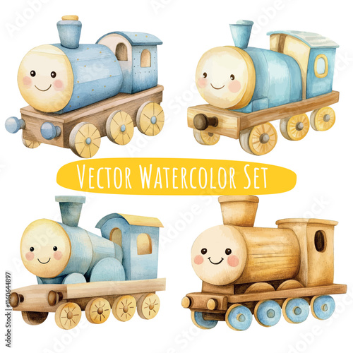 Cute Cartoon Watercolor Train Illustrations Set