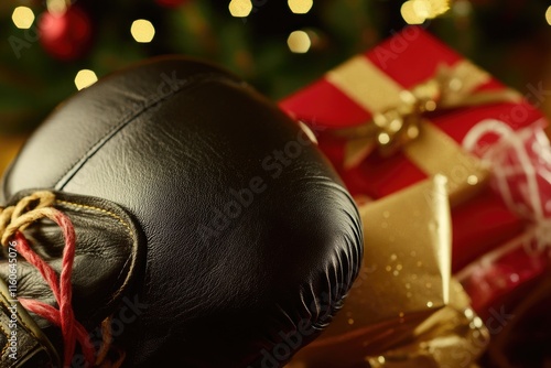 A pair of boxing gloves sits atop a pile of colorful presents, ready for a special occasion photo