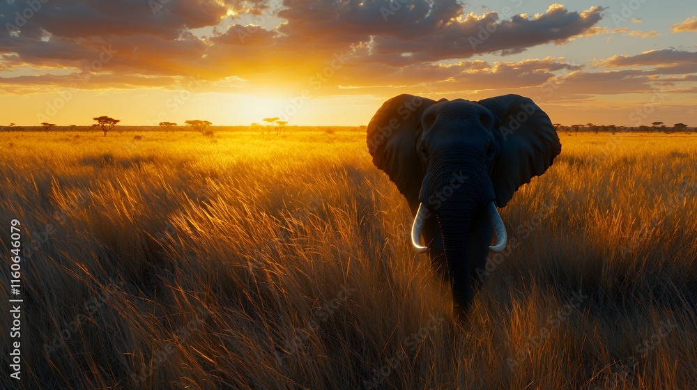 African Elephant Sunset Silhouette in Golden Savannah African Elephant Sunset Silhouette in Golden Savannah