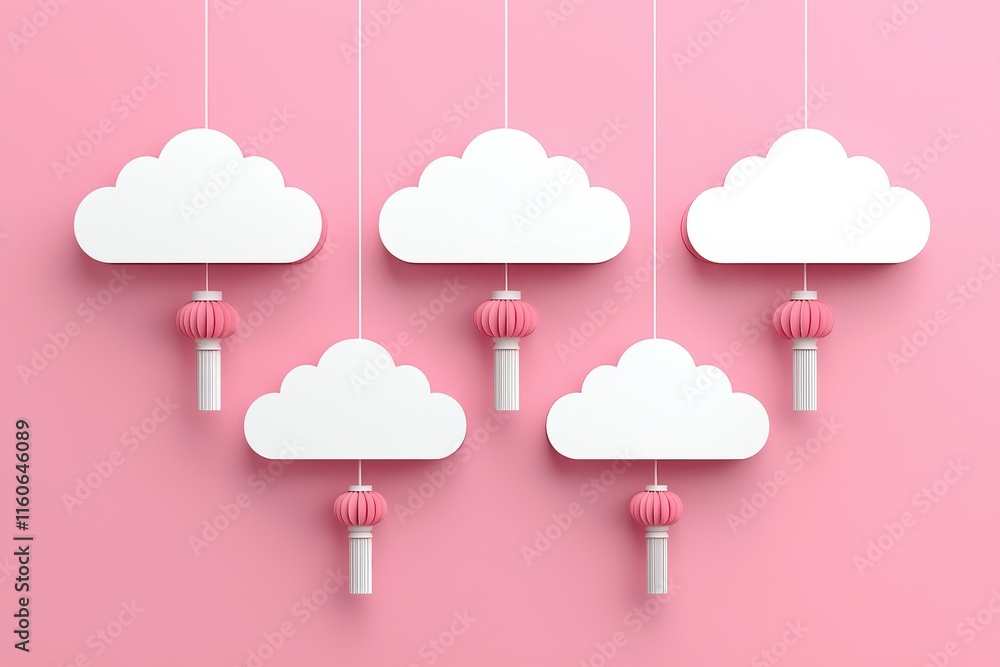Pink Clouds Lanterns Festive Asian Paper Cut Style Background Pink Clouds Lanterns Festive Asian Paper Cut Style Background