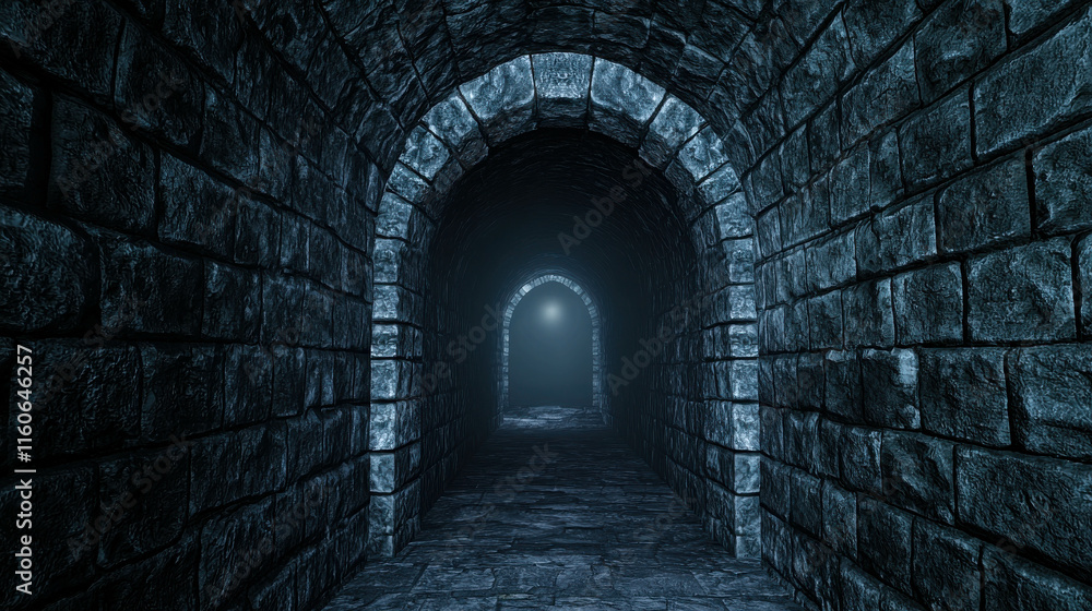 Fototapeta premium Hidden Passage Inside an Old Stone Tunnel with Faint Shimmering Light