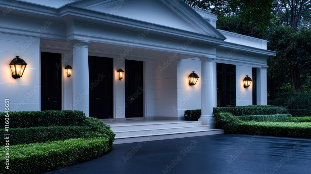 Obraz premium Elegant entrance with lanterns and manicured landscaping.