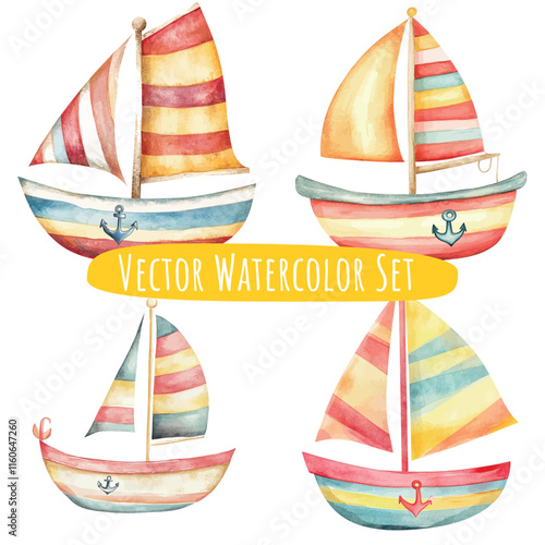 Whimsical Watercolor Sailboats Set   Vector Illustration