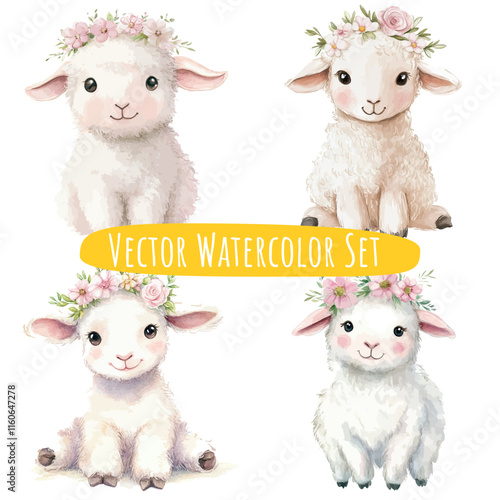 Cute Lambs with Floral Crowns   Watercolor Illustration Set