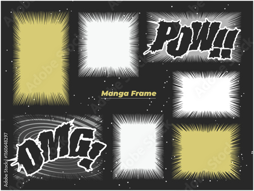 白とゴールドの集中線、マンガ風フレームとアメコミ描き文字セット。Y2K・サムネイル、インパクトフレーム。ベクター素材