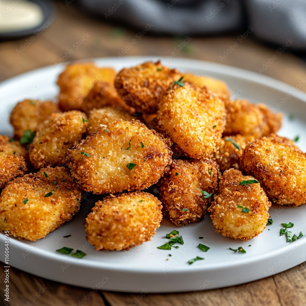 Crispy Chicken Nuggets on a Plate Against Granite Background Crispy Chicken Nuggets on a Plate Against Granite Background