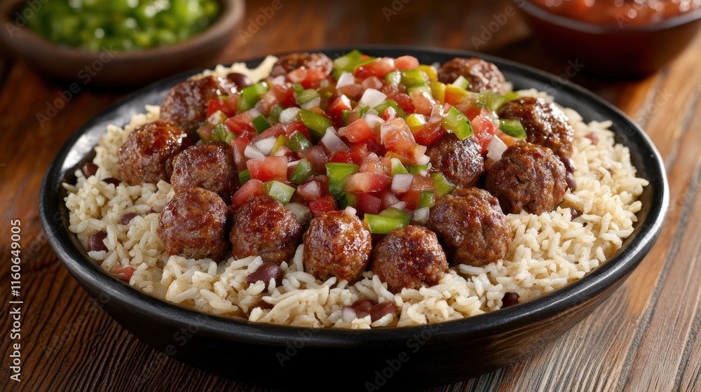 Delicious Meatballs on Rice with Fresh Salsa and Vegetables Delicious Meatballs on Rice with Fresh Salsa and Vegetables