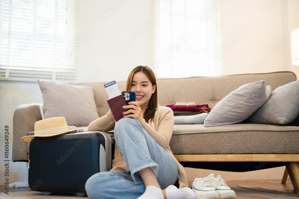 Asian woman uses her mobile phone to checking travel information, plan a trip while packing things or clothes into a suitcase. And get ready for a relaxing weekend. Asian woman uses her mobile phone to checking travel information, plan a trip while packing things or clothes into a suitcase. And get ready for a relaxing weekend.