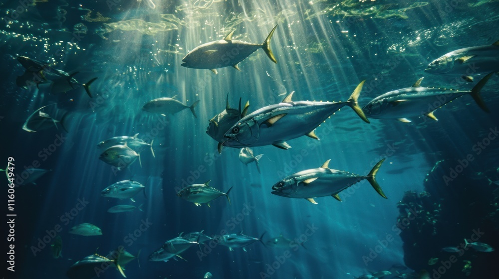 Fototapeta premium School of tuna fish underwater, sunlight rays.