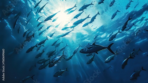 School of tuna fish underwater, sunlight beams through the water.