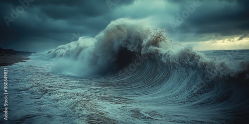 Fototapeta Naklejka Na Ścianę i Meble -  Large wave crashes onto the beach shore, creating foam and spray