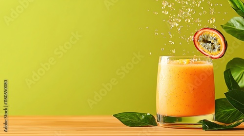 Hawaiian tropical smoothie with passion fruit and guava, palm treelined beach, tropical paradise in a glass photo